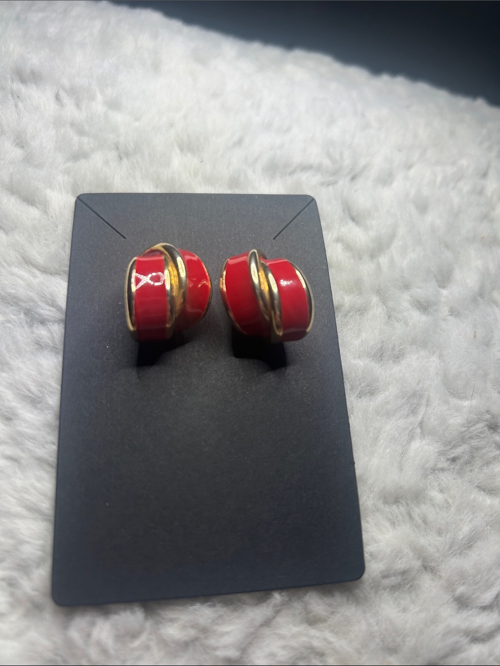 Vintage Red Enamel Hoop-Style Stud Earrings with Gold Trim
